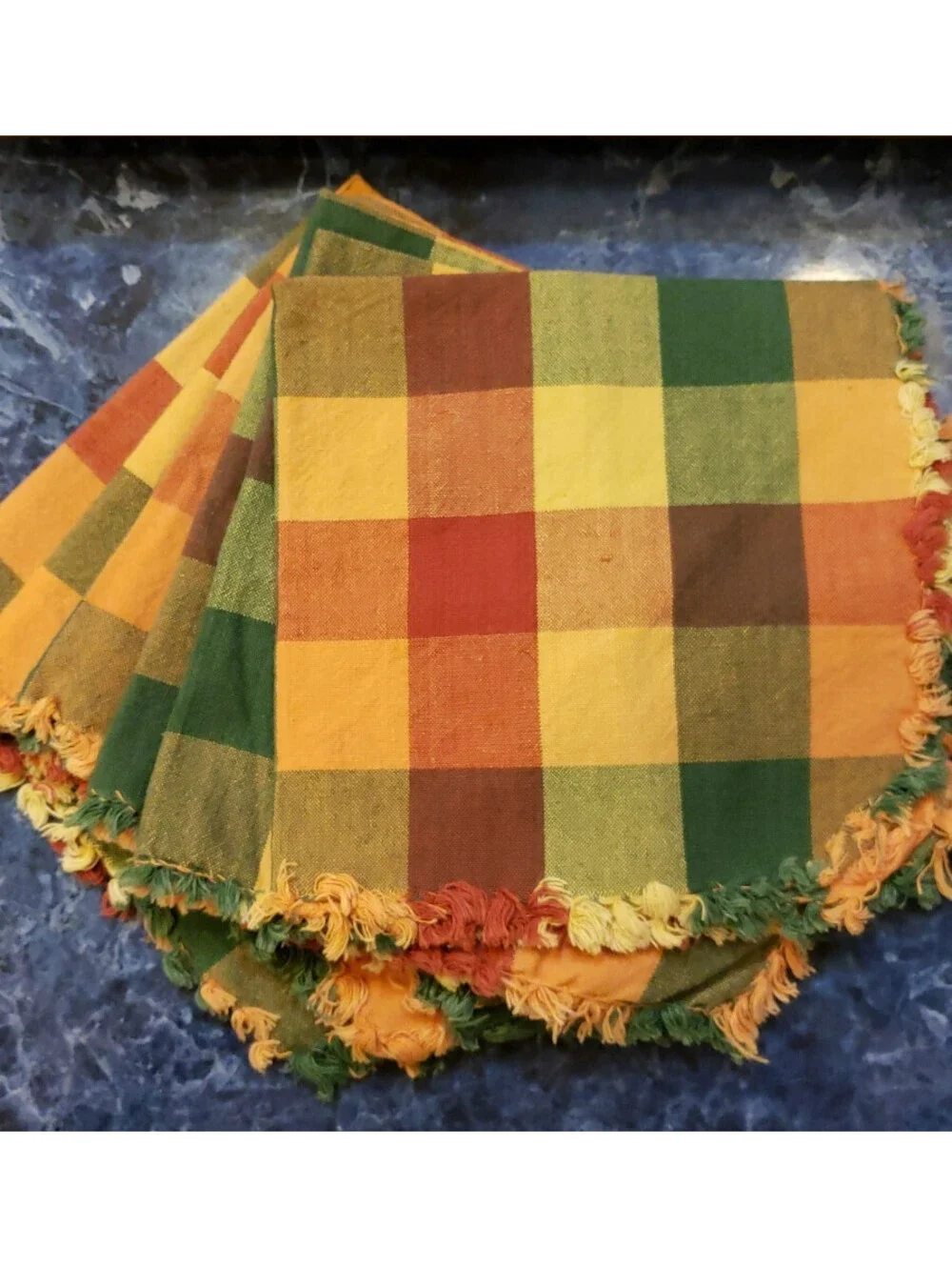 Fall Plaid Napkins Fringe Edges Set of 6 Cotton 16x16 Thanksgiving Orange Green